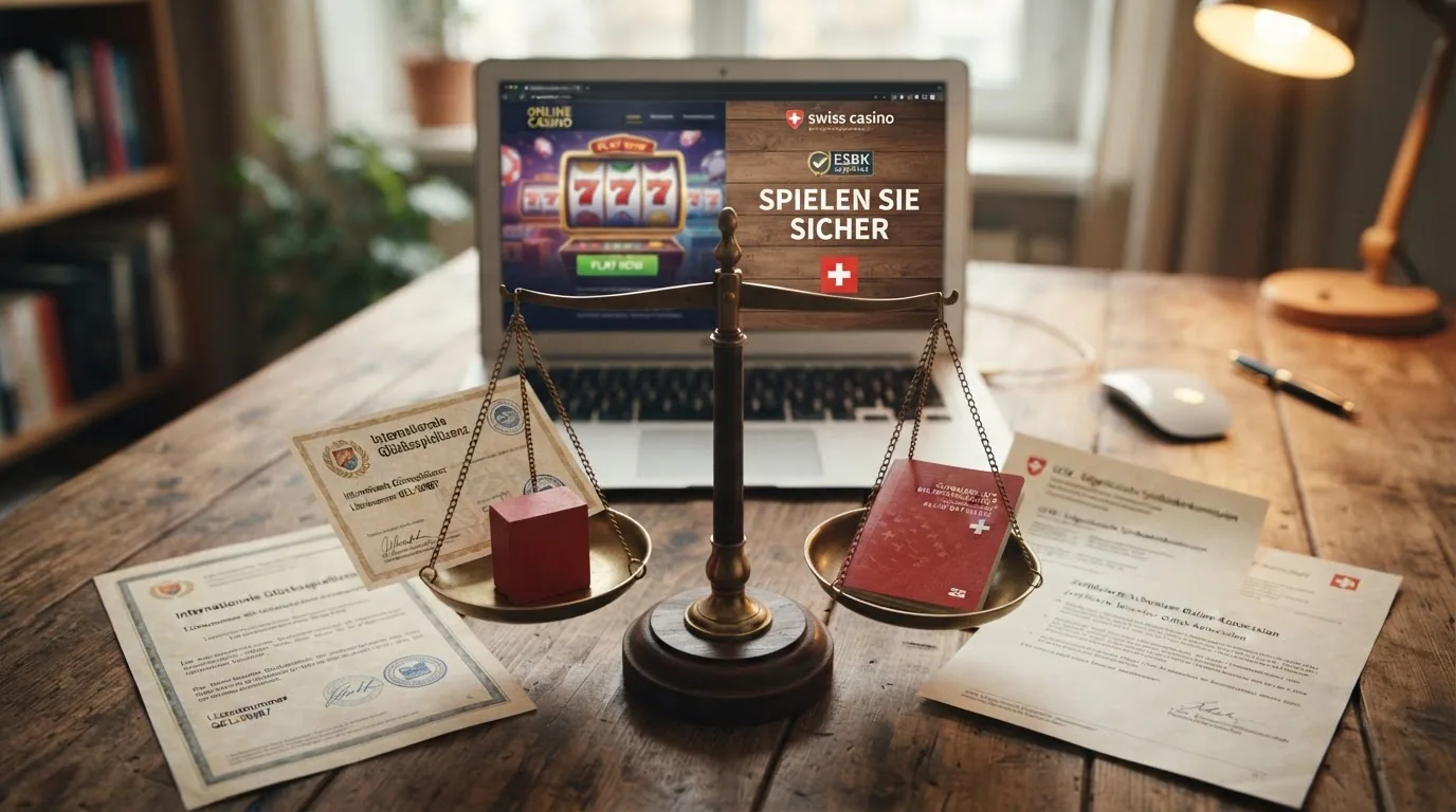 Waage mit Offshore-Casino-Symbolen auf der einen, Schweizer Kreuz auf der anderen Seite