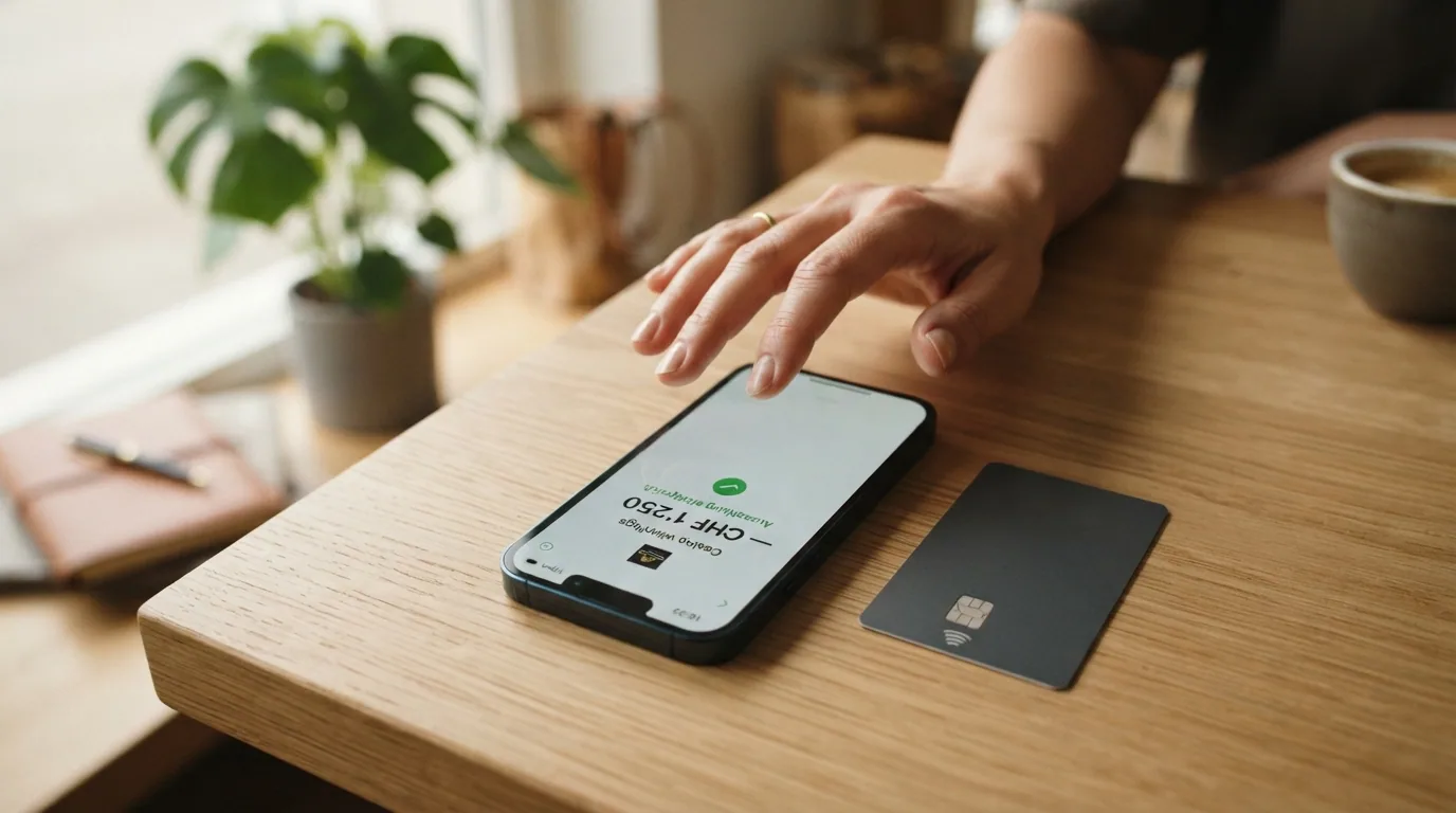Ein Smartphone mit geöffneter TWINT-App und eine Schweizer Bankkarte auf einem hellen Tisch