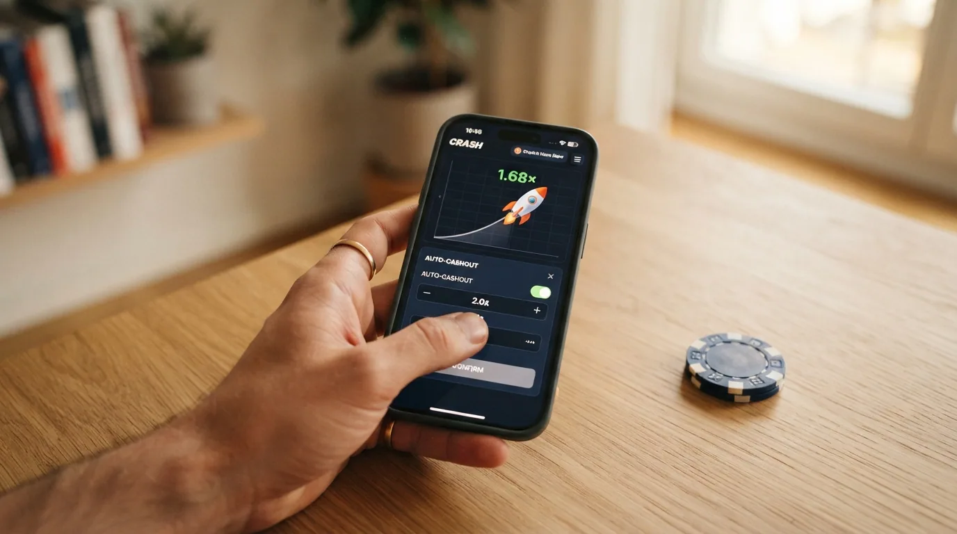 Die Einstellungsoberfläche eines Crash-Spiels mit aktivierter Auto-Cashout-Funktion bei 2,0×