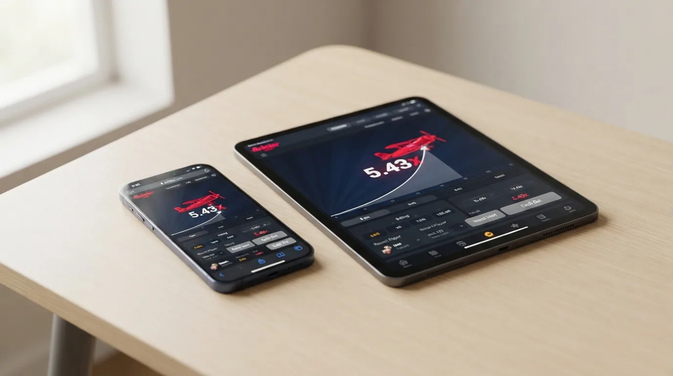Aviator-Spielansicht auf Smartphone und Tablet nebeneinander im Querformat