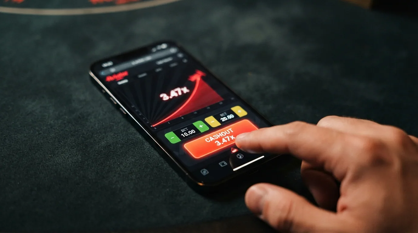 Aviator-Spieloberfläche mit ansteigender Kurve, zwei aktiven Wettfeldern und Cashout-Button