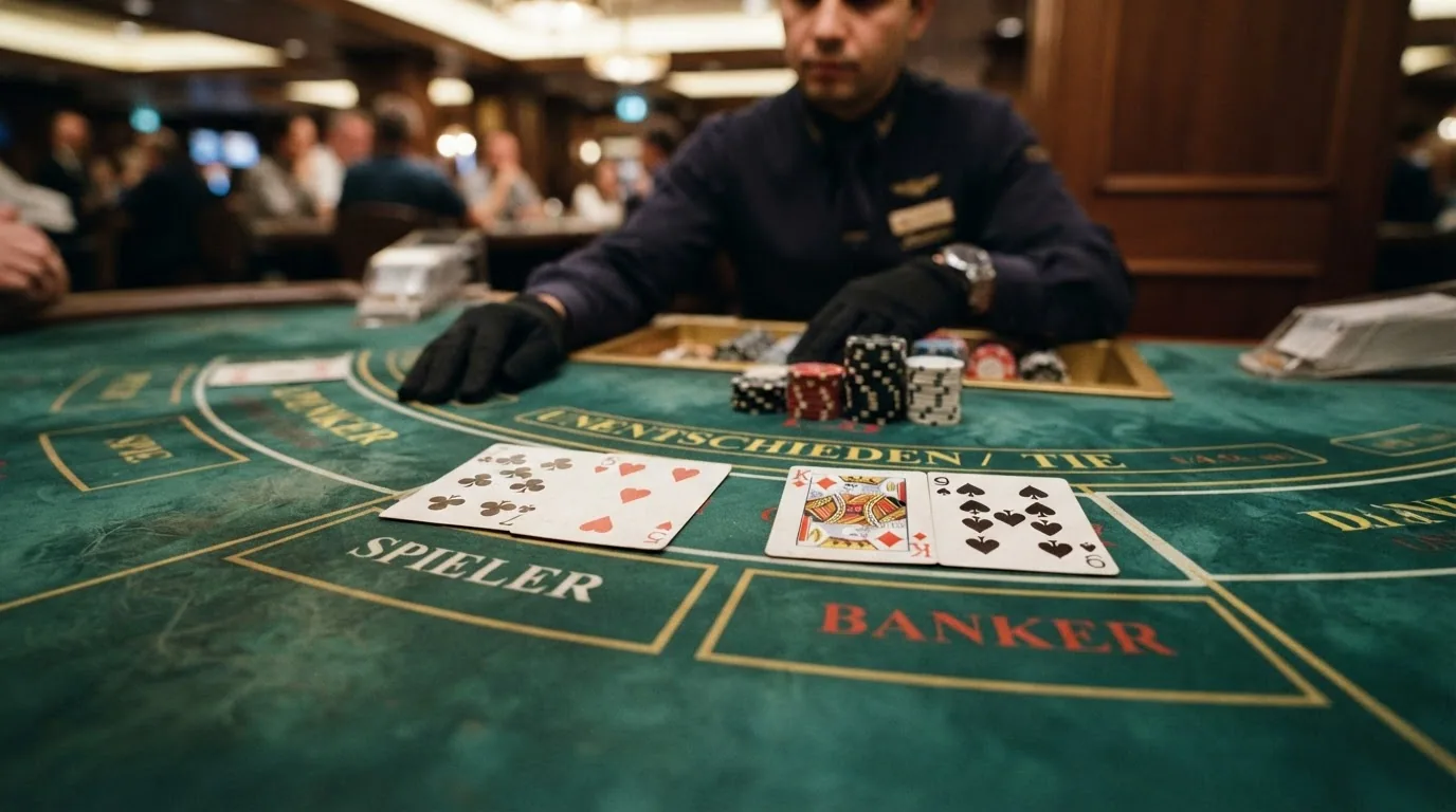 Nahaufnahme von Baccarat-Karten mit Punktwerten und den drei Wettfeldern Spieler, Banker, Unentschieden