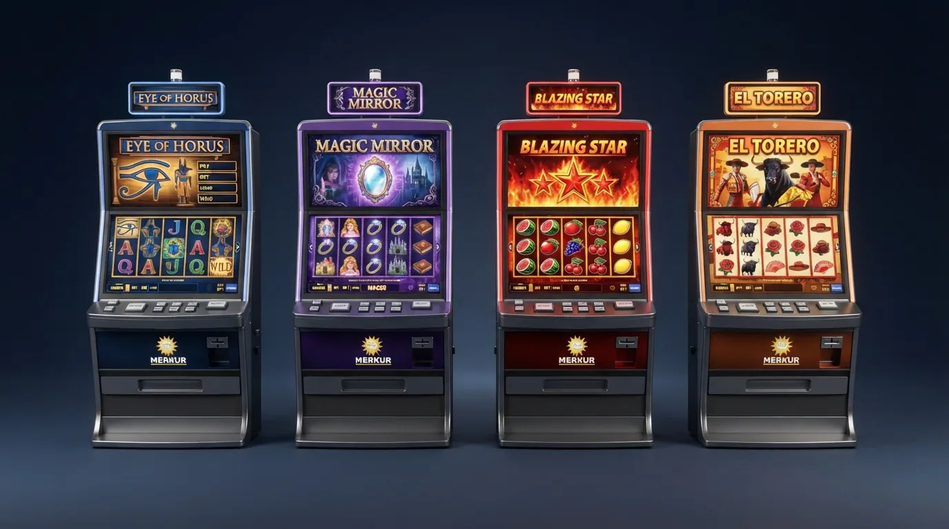 Bildschirmansicht von vier Merkur-Slots nebeneinander: Eye of Horus, Magic Mirror, Blazing Star und El Torero