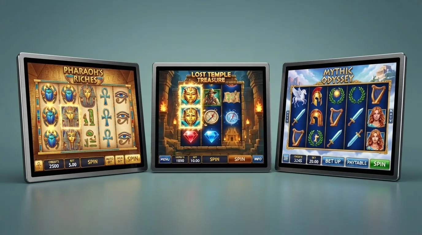 Drei Slot-Maschinen-Bildschirme: Book of Ra Deluxe, Gonzo's Quest und Divine Fortune Megaways