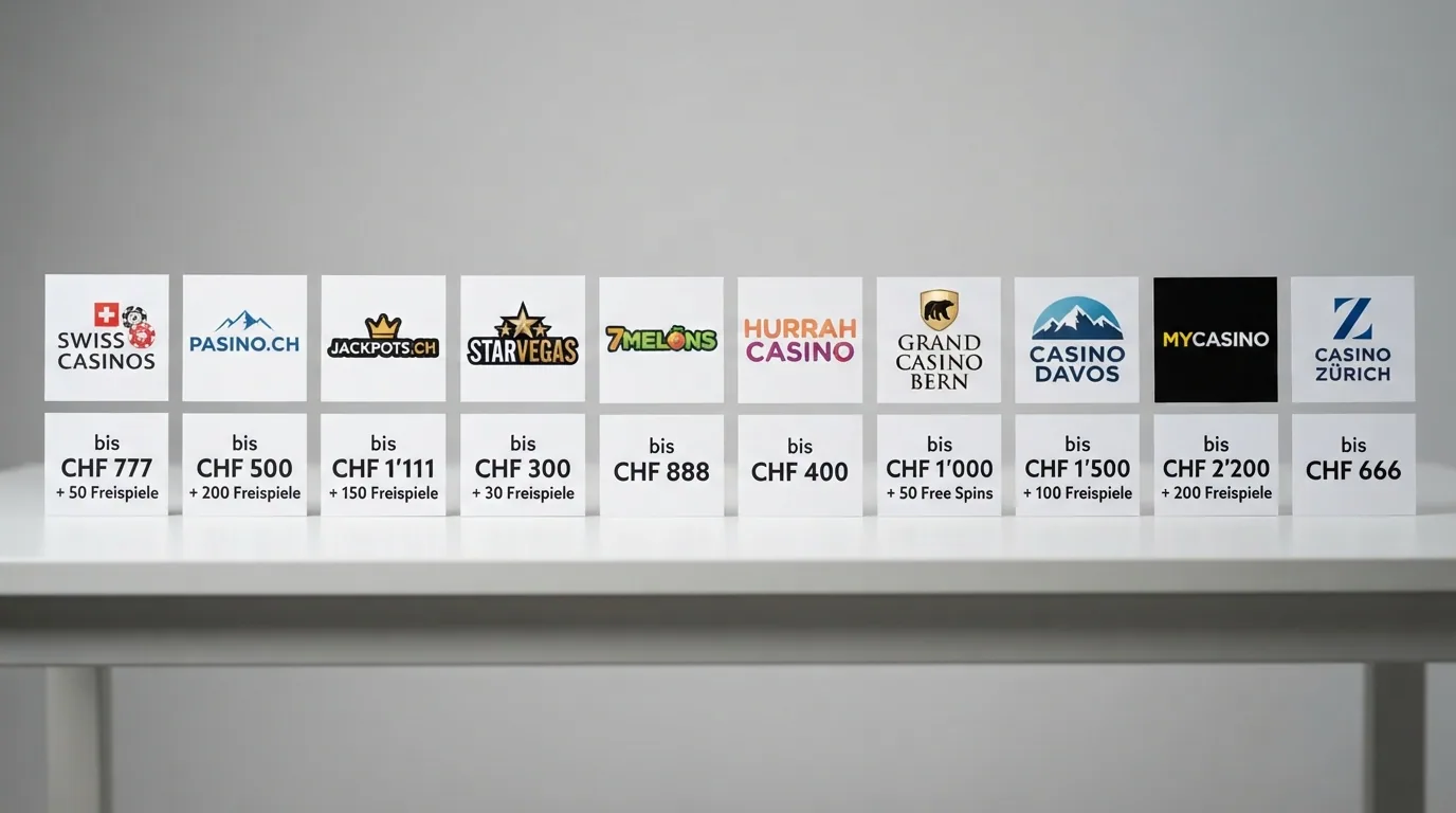 Übersichtstabelle mit zehn Schweizer Casino-Logos und den zugehörigen Bonus-Kennzahlen in CHF