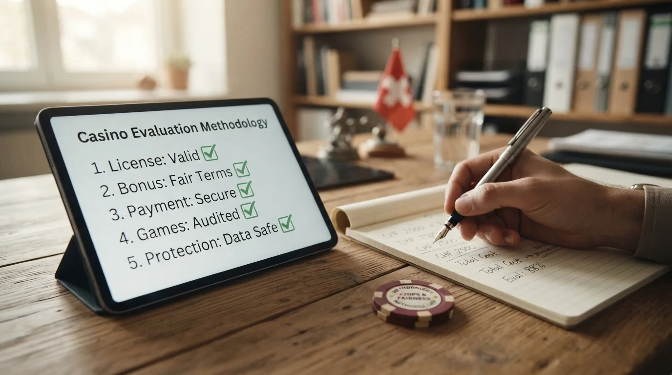 Eine Checkliste mit fünf Prüfpunkten (Lizenz, Bonus, Zahlung, Spiele, Schutz) und einem Häkchen bei jedem Punkt