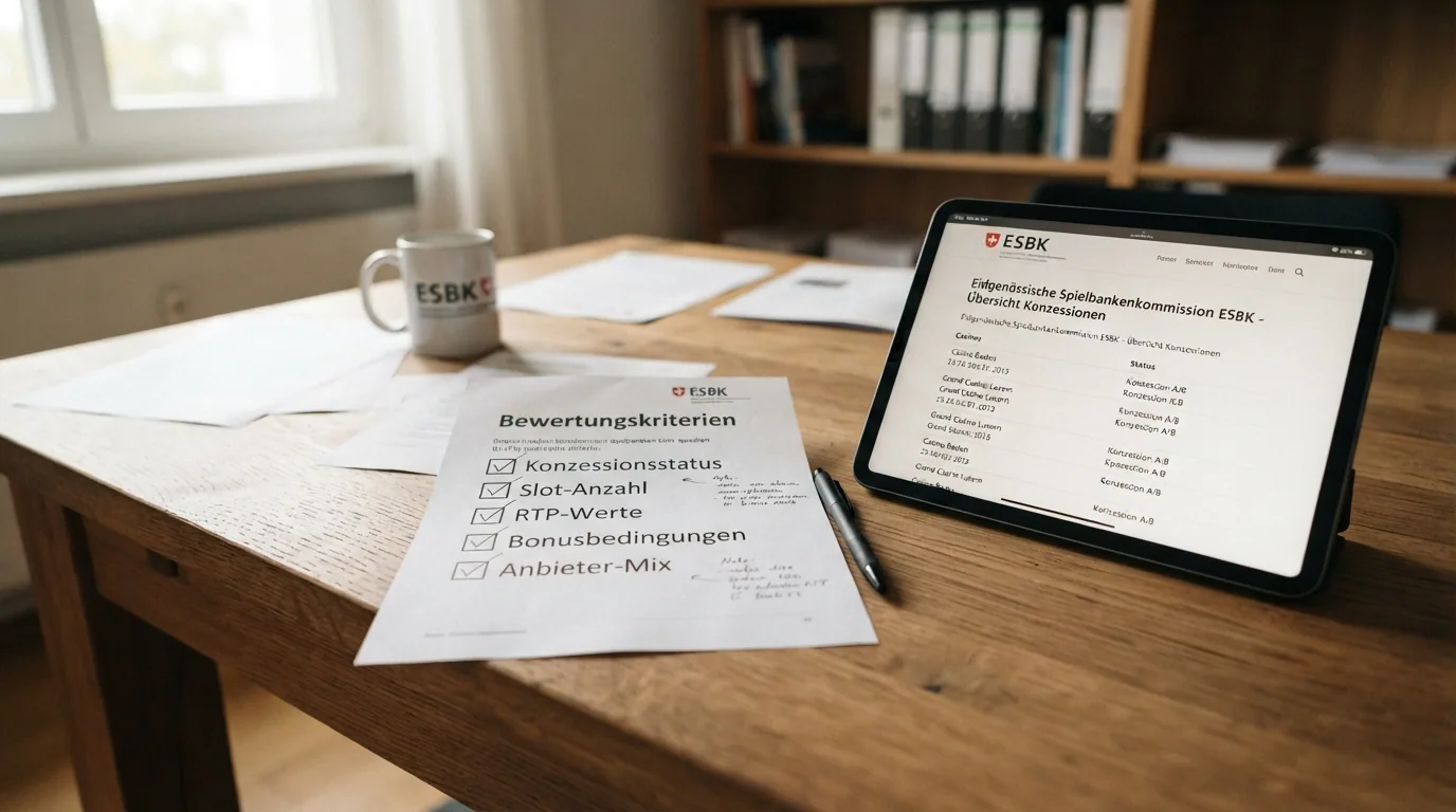 Schreibtisch mit Checkliste: Konzessionsstatus, Slot-Anzahl, RTP-Werte, Bonusbedingungen, Anbieter-Mix — daneben ein Tablet mit der ESBK-Konzessionsliste