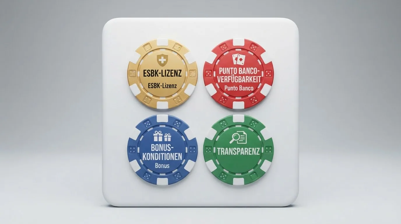 Symbolische Checkliste oder Kriterienübersicht mit den vier Prüfkategorien: ESBK-Lizenz, Punto-Banco-Verfügbarkeit, Bonus-Konditionen und Transparenz