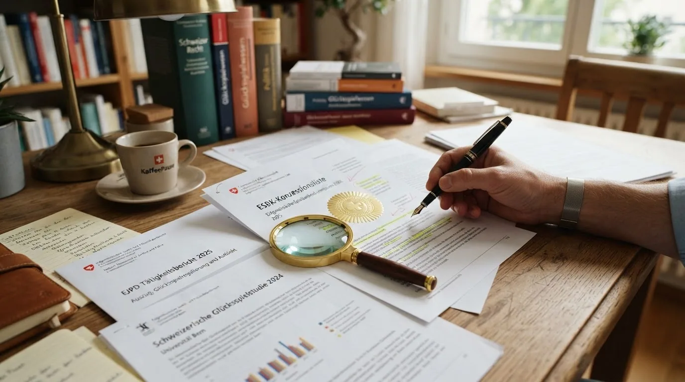 Ein Schreibtisch mit Dokumenten: ESBK-Konzessionsliste, Betreiber-Webseiten, Tätigkeitsbericht 2025 und Studienauszug