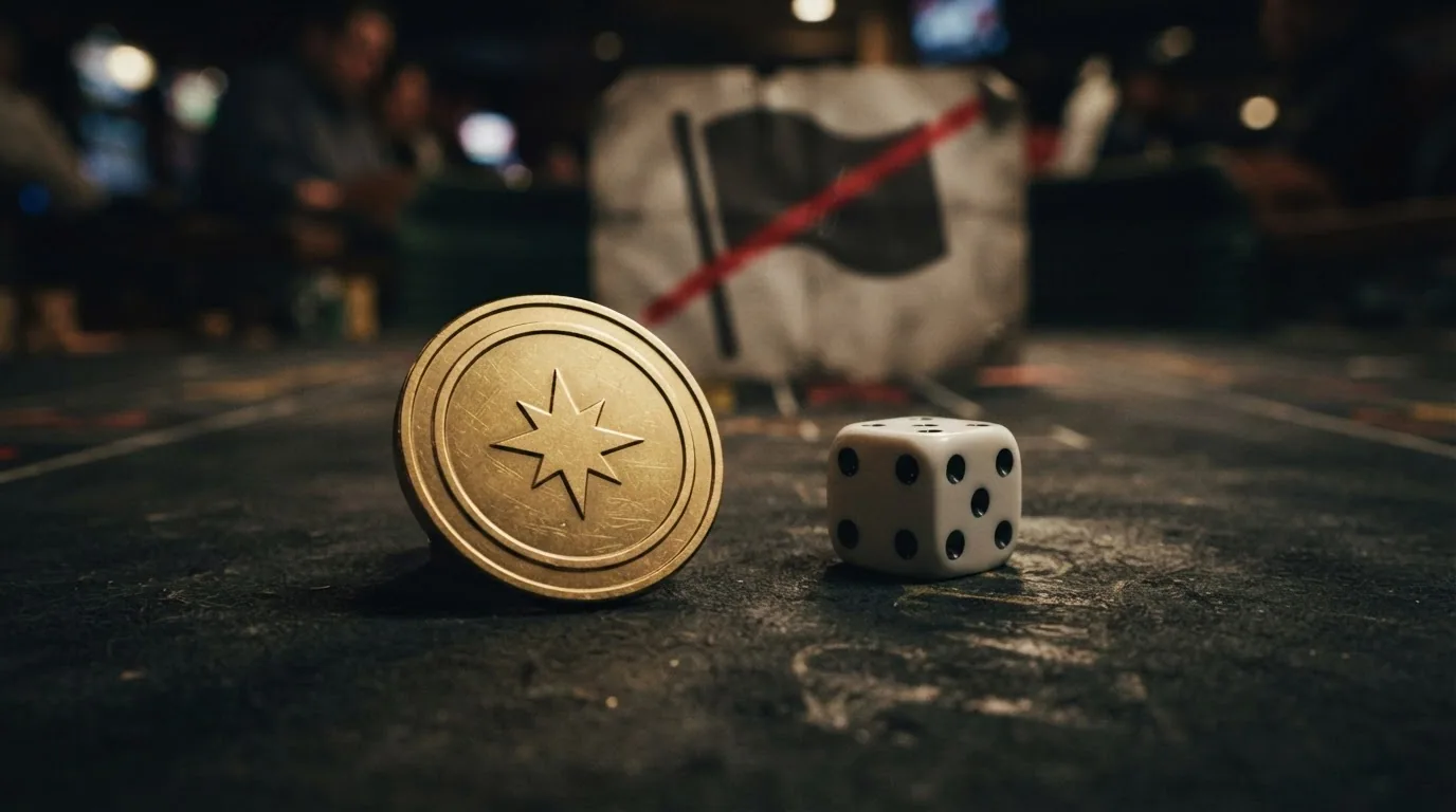 Bitcoin-Symbol neben einem Craps-Würfel — im Hintergrund das Warnsymbol einer durchgestrichenen Schweizer Flagge