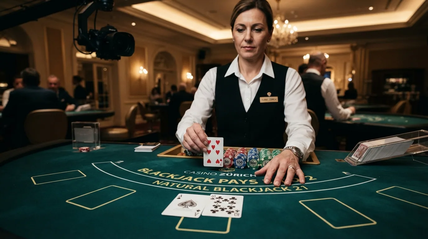 Nahaufnahme eines Blackjack-Tisches im Live-Studio, Karten werden gerade ausgeteilt, die ersten beiden Karten des Spielers sichtbar
