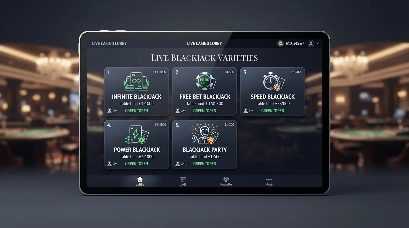 Bildschirmansicht der Live-Casino-Lobby mit Kacheln verschiedener Blackjack-Varianten wie Infinite, Free Bet und Speed Blackjack