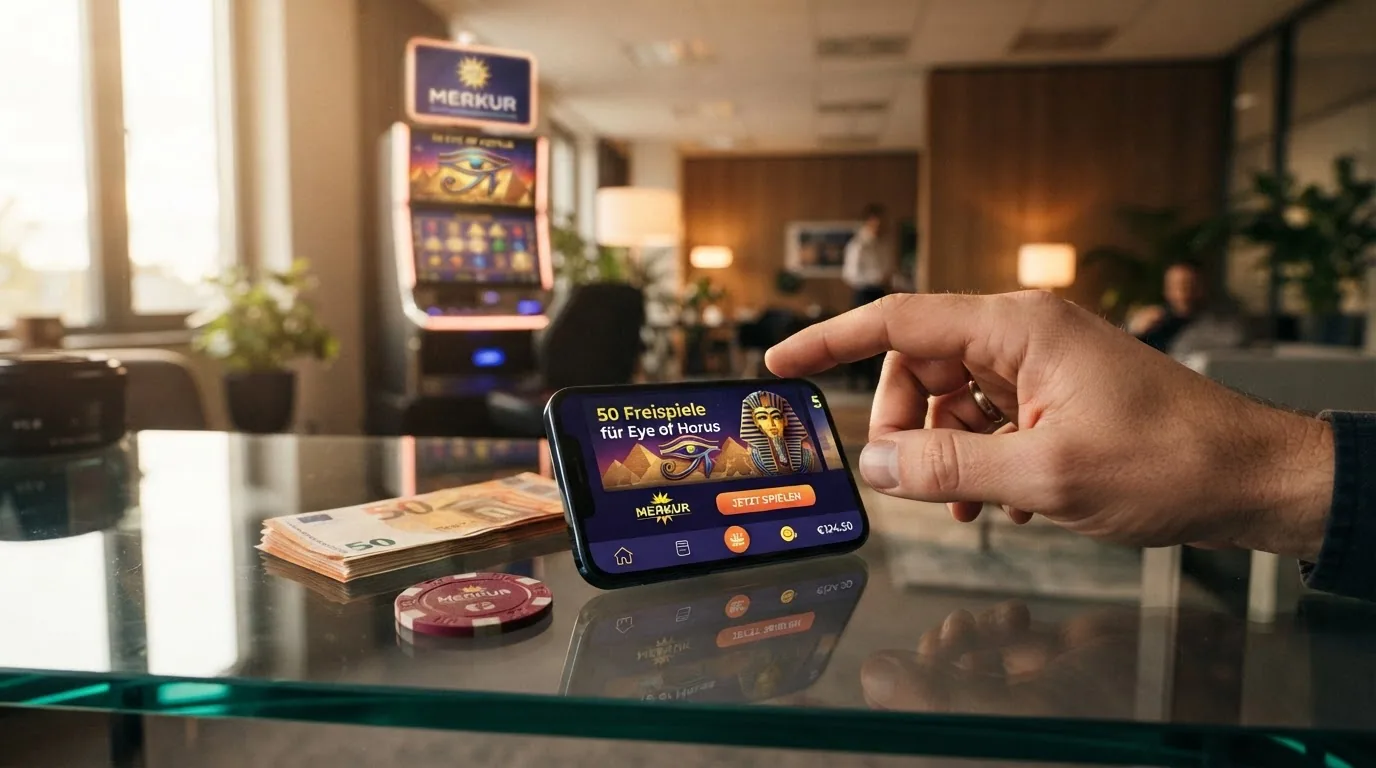 Stilisierte Darstellung eines Willkommensbonus mit Freispiel-Symbolen und Merkur-Slot-Icons