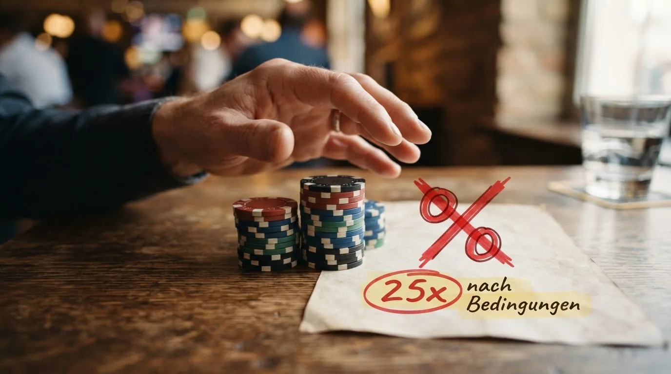 Ein Stapel Casino-Chips, daneben eine durchgestrichene grosse Prozentzahl und eine kleinere, eingekreiste Zahl mit «nach Bedingungen»