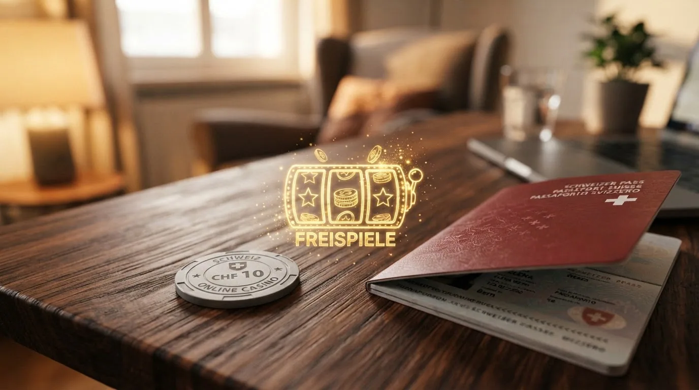 Stilisierte Darstellung eines Willkommenspakets: Bonusguthaben, Freispiel-Symbole und ein Schweizer Pass als Symbol für die KYC-Verifizierung