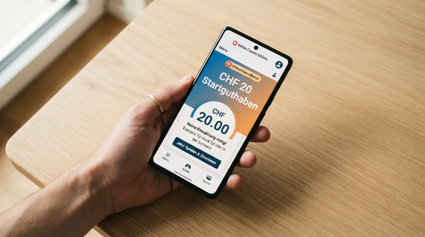 Ein geöffnetes Bonusguthaben-Konto mit der Anzeige «CHF 20 Startguthaben» neben einem Smartphone mit dem Registrierungsformular eines Schweizer Casinos