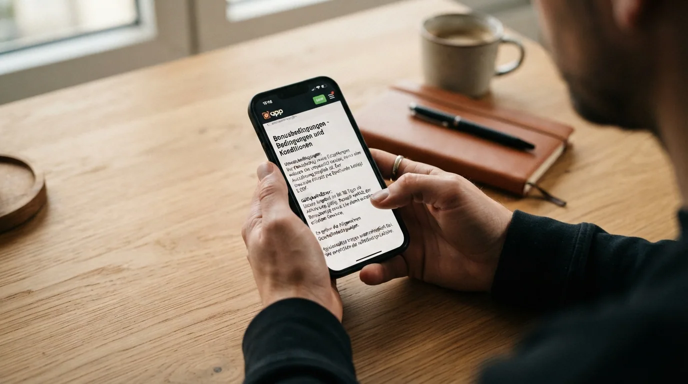 Eine Nahaufnahme der Bonusbedingungen einer Casino-App mit hervorgehobenen Umsatzanforderungen, Fristen und Maximaleinsatz-Klausel