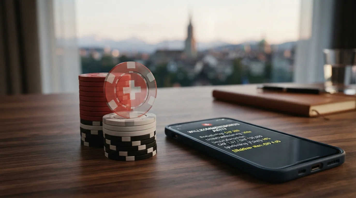 Ein Poker-Chip-Stapel, von dem ein Teil ausgegraut oder transparent ist — visualisiert den Unterschied zwischen beworbenem und effektiv freispielbarem Bonus