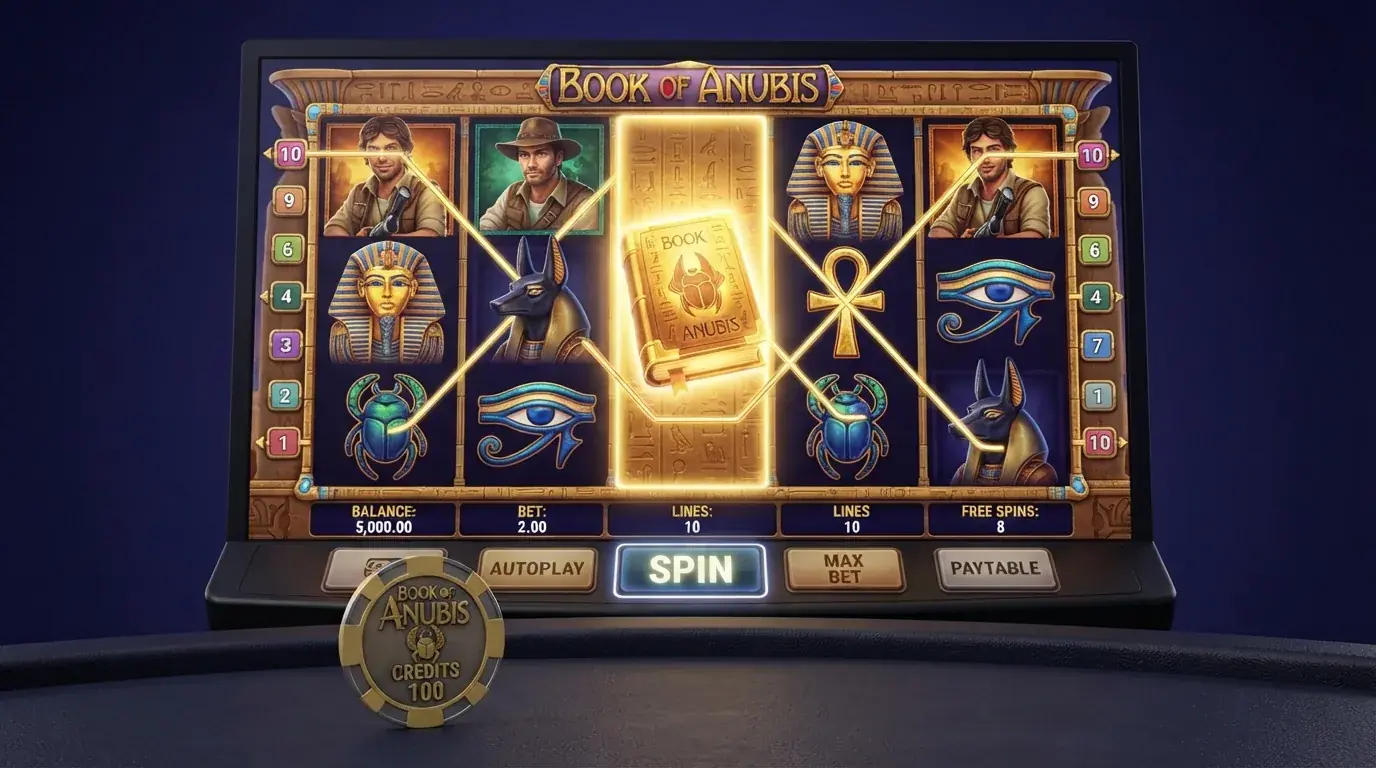Die fünf Walzen des Book of Dead-Slots mit ägyptischen Symbolen und dem Book-of-Dead-Wild-Scatter