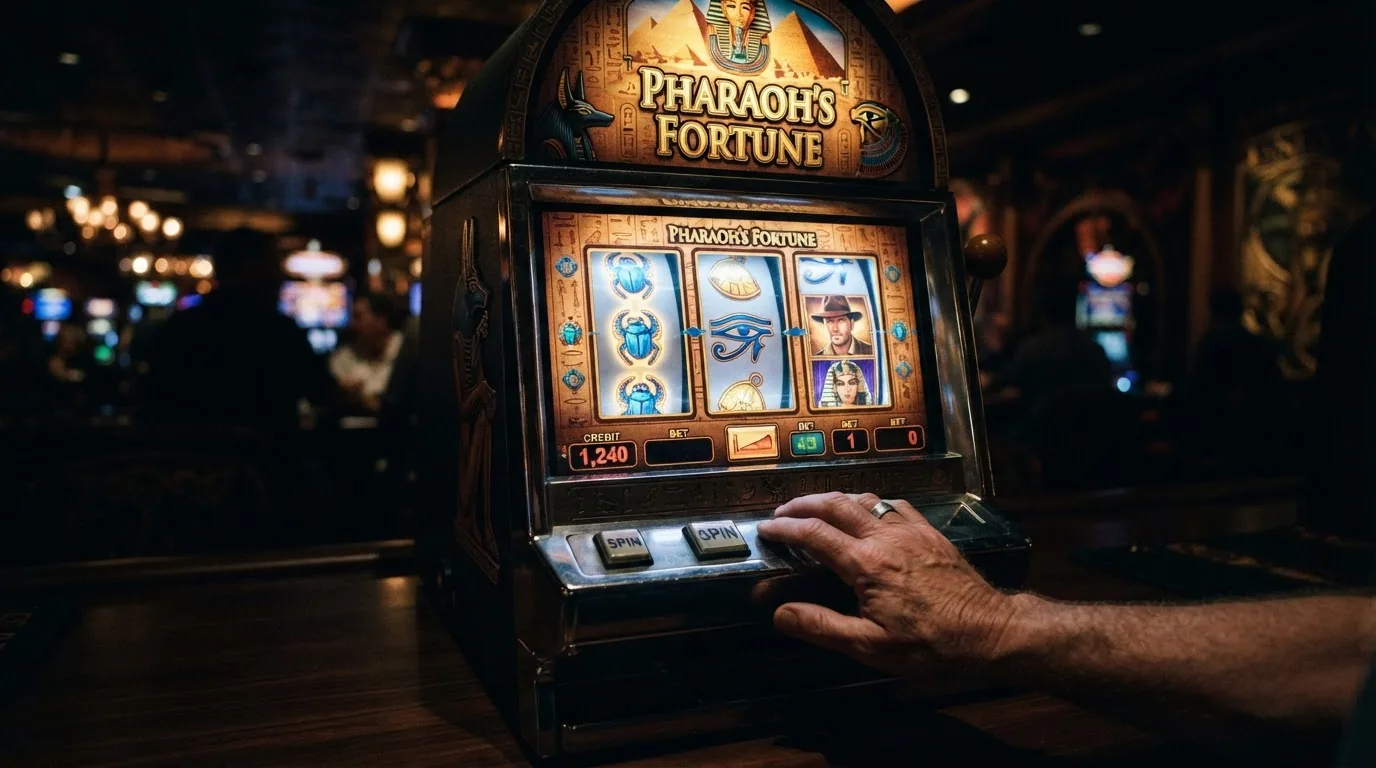 Der Spielbildschirm eines Book-of-Ra-Automaten mit sichtbaren Walzen und dem Forscher-Symbol