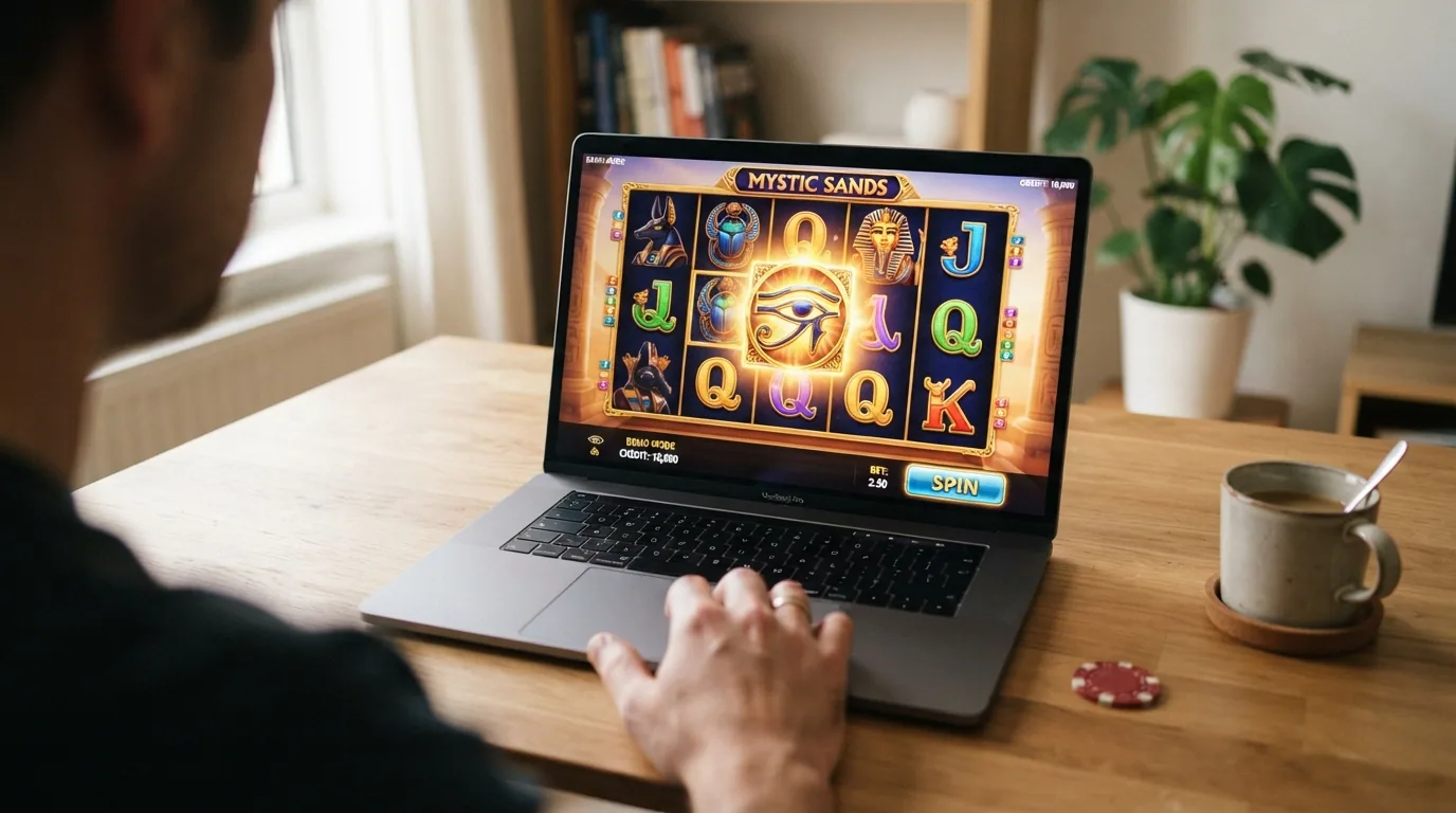 Book of Ra im Demo-Modus mit Spielgeld-Guthaben auf einem Laptop-Bildschirm