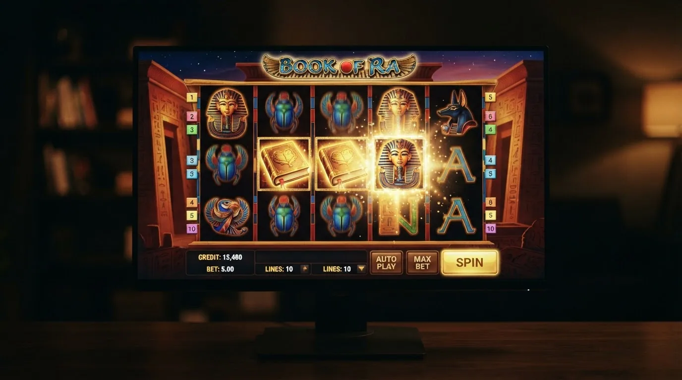 Bildschirmfoto des Book-of-Ra-Spielautomaten mit seinen fünf Walzen und den ikonischen ägyptischen Symbolen