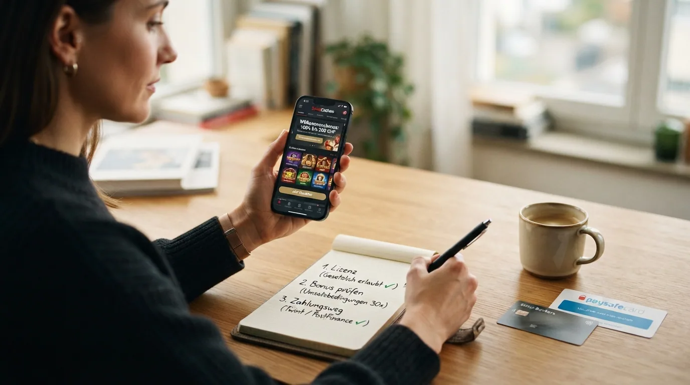 Eine Person sitzt mit einem Smartphone an einem Tisch, vor ihr liegen drei gedankliche Auswahlkriterien als visuelle Stichworte: «Lizenz», «Bonus prüfen», «Zahlungsweg»