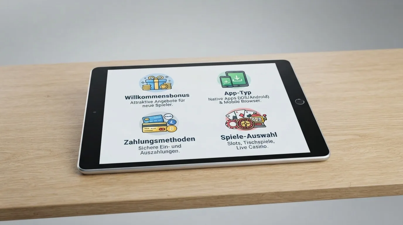 Vergleichstabelle mit den zehn lizenzierten Schweizer Casino-Apps, sortiert nach Bewertungskriterien, auf einem Tablet-Bildschirm