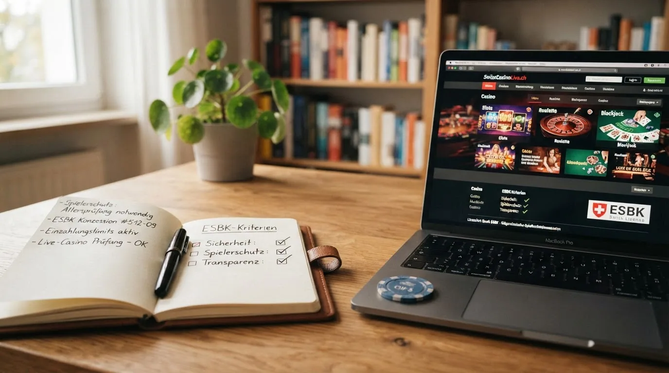 Schreibtisch mit Checkliste, ESBK-Dokument und geöffneten Casino-Websites auf einem Monitor