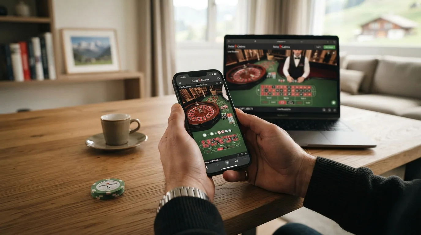 Smartphone mit geöffneter Casino-Web-App neben einem Download-Symbol mit «1» – nur eine native App