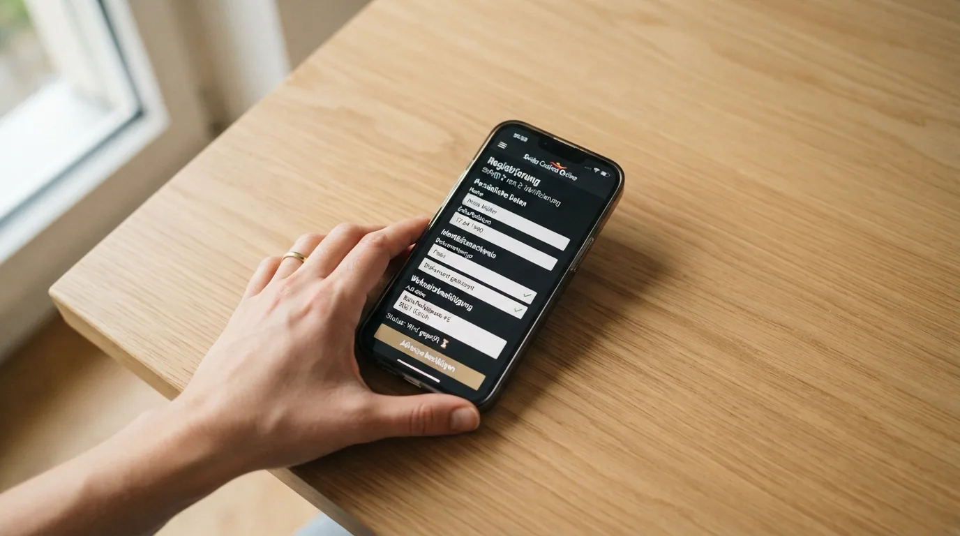 Ein mehrstufiger Registrierungsprozess auf einem Smartphone-Bildschirm: Personalien eingeben, Ausweis scannen, Adresse bestätigen
