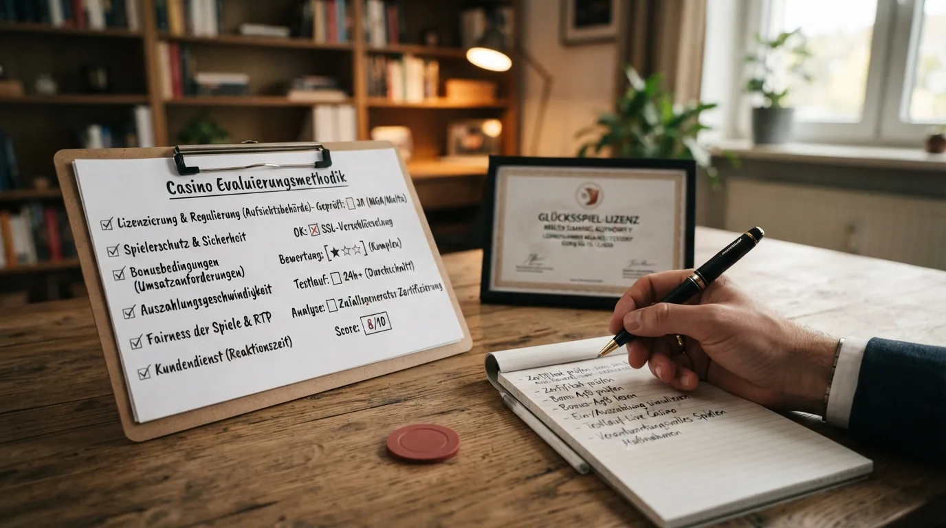 Prüfkriterien als Checkliste auf einem Klemmbrett, daneben Casino-Logos