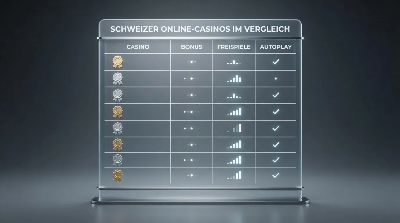 Eine stilisierte Vergleichstabelle mit Casino-Logos und den Spalten Bonus, Freispiele und Autoplay-Verfügbarkeit