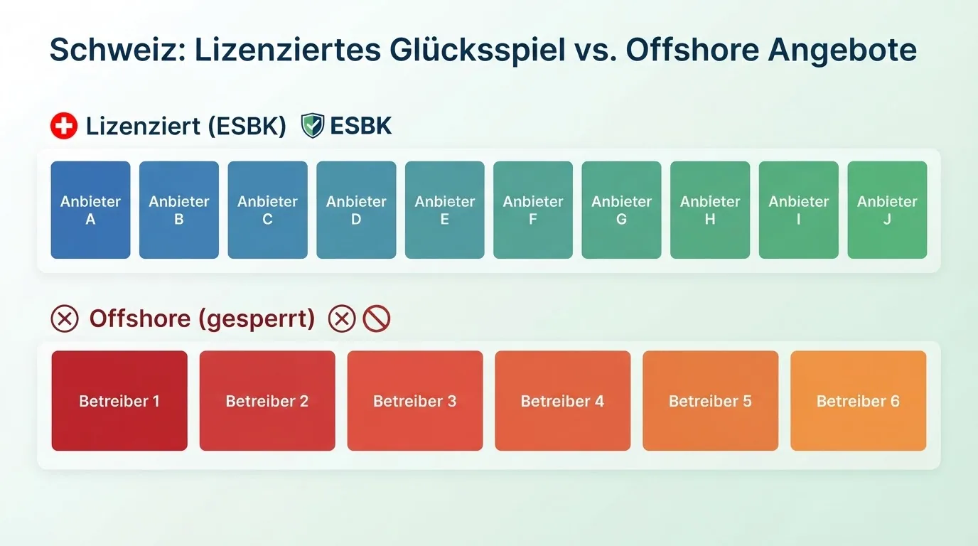 Eine tabellarische Übersicht mit Casino-Logos, farblich gruppiert in «Lizenziert (ESBK)» und «Offshore (gesperrt)»