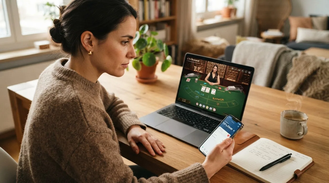 Bildschirm mit geöffneter Live-Baccarat-Partie und eingeblendeter Casino-Übersicht