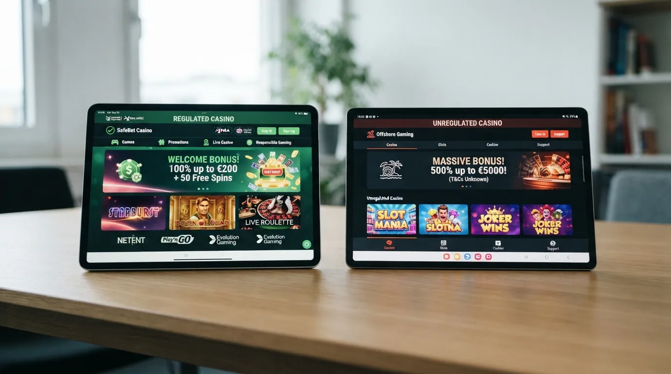 Eine tabellarische Übersicht mit Casino-Logos und farblich markierten Spalten für Lizenzstatus und Bonus