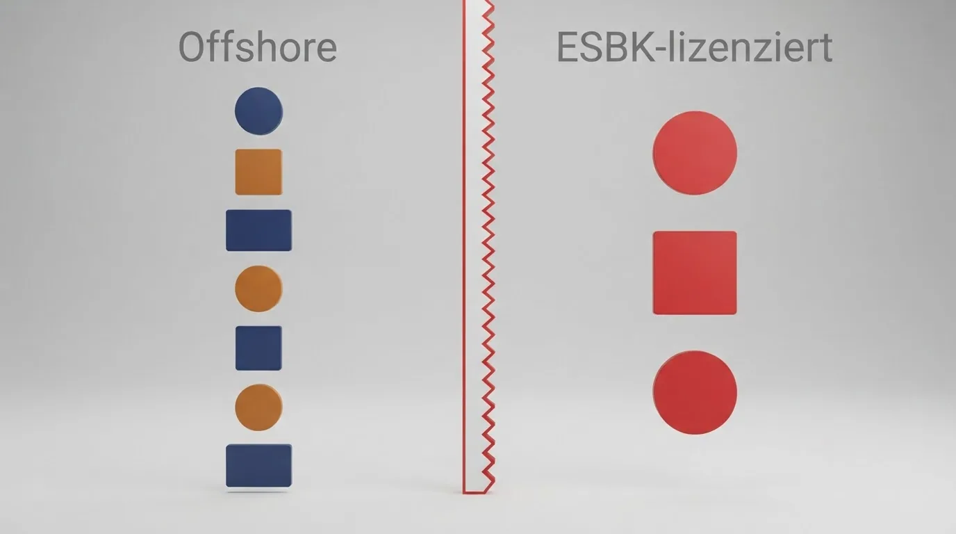 Zehn Casino-Logos in zwei Gruppen angeordnet: sieben unter «Offshore», drei unter «ESBK-lizenziert», mit einer stilisierten Schweizer Grenze dazwischen