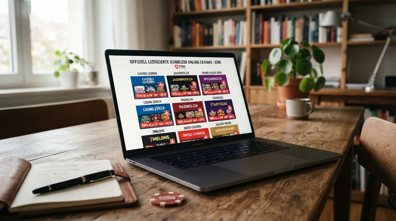 Übersicht von Schweizer Online-Casino-Startseiten auf einem Bildschirm — jedes mit ESBK-Lizenzhinweis