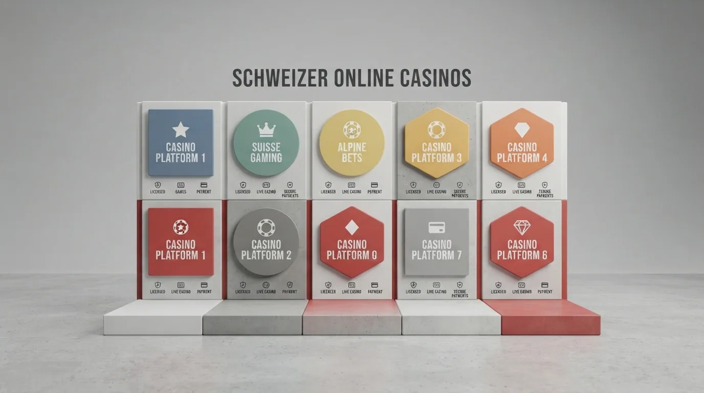 Stilisierte Darstellung einer Vergleichstabelle oder eines Ranglisten-Podests mit Casino-Logos, vor einem cleanen weissen oder hellgrauen Hintergrund
