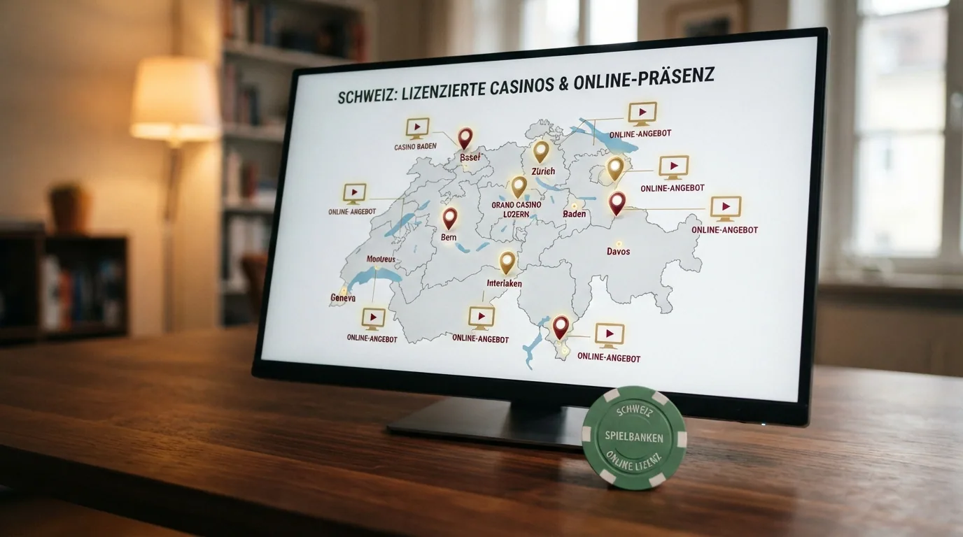Übersichtskarte der Schweiz mit den zehn Casino-Standorten als Punkte, verbunden mit Bildschirm-Symbolen für den Online-Betrieb