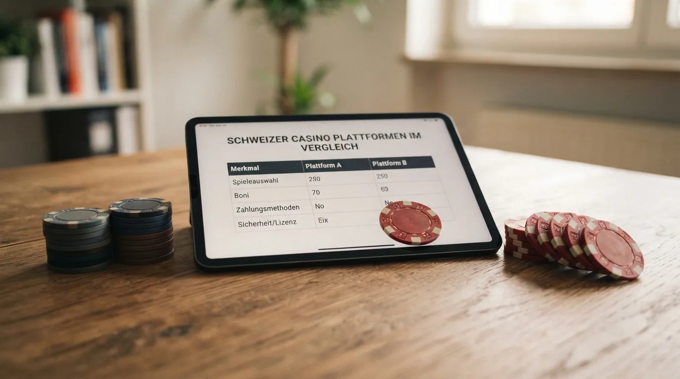 Zehn Casino-Logos in zwei Gruppen angeordnet: links fünf ausländische, rechts fünf Schweizer Plattformen mit farblicher Trennung