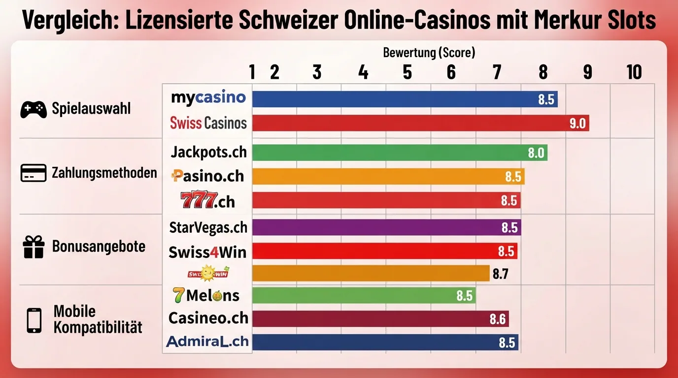 Eine vergleichende Übersicht der zehn Schweizer Online-Casinos mit Logos und Merkur-Symbol als verbindendes Element