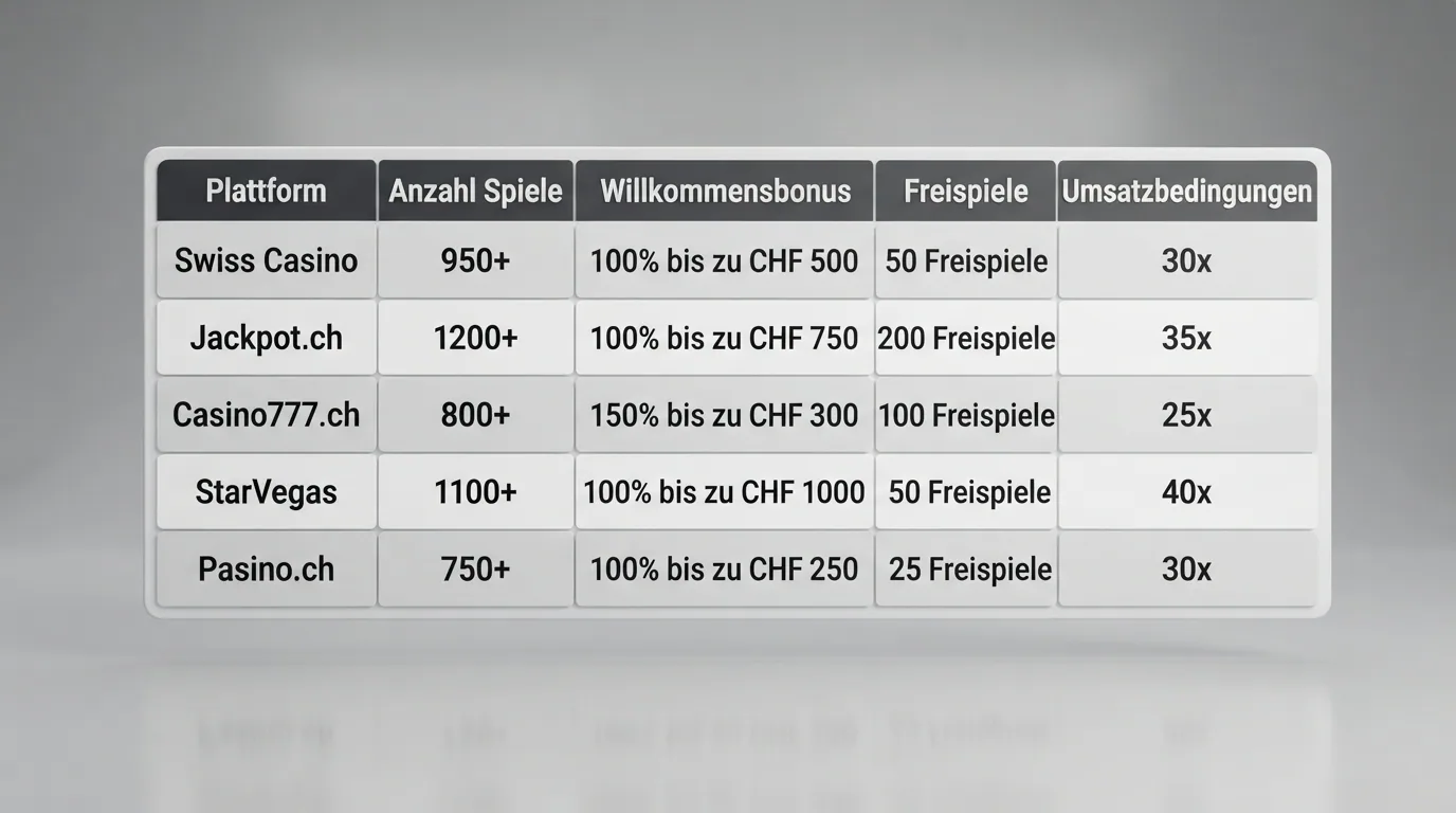 Vergleichstabelle mit den zehn lizenzierten Schweizer Online-Casinos und ihren Kennzahlen