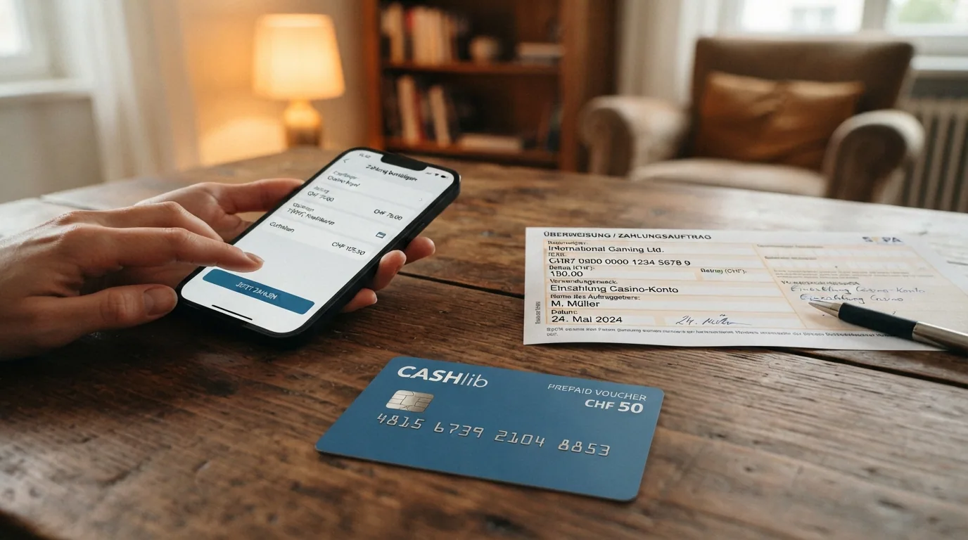 Paysafecard-PIN, SEPA-Überweisungsformular und Krypto-Wallet auf einem Tisch — Zahlungsoptionen im Vergleich