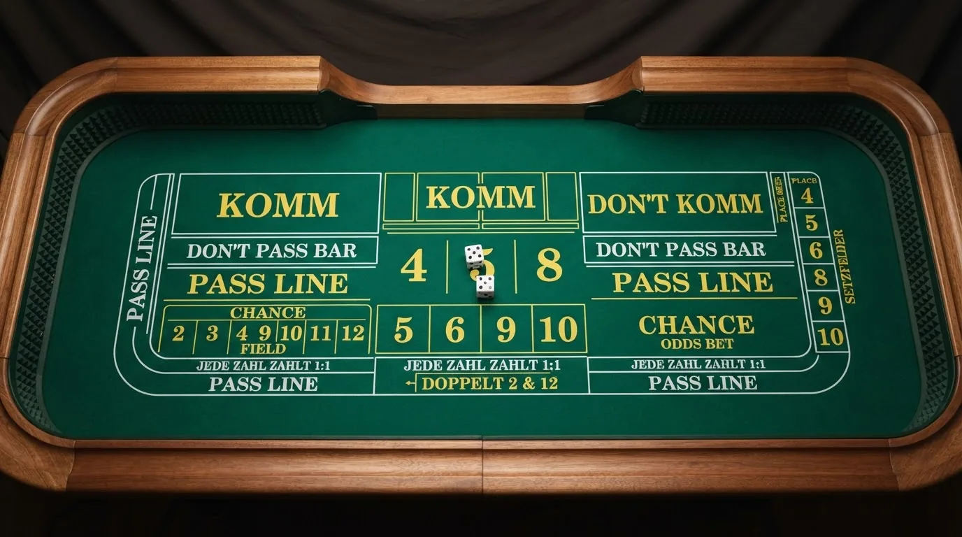Craps-Tisch in der Draufsicht mit allen Einsatzfeldern — Pass Line, Don't Pass, Come, Field und Place Bets