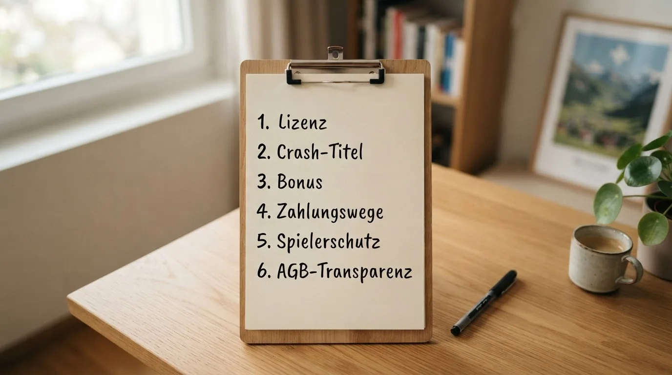Ein Klemmbrett mit einer Checkliste aus sechs Bewertungskriterien: Lizenz, Crash-Titel, Bonus, Zahlungswege, Spielerschutz und AGB-Transparenz