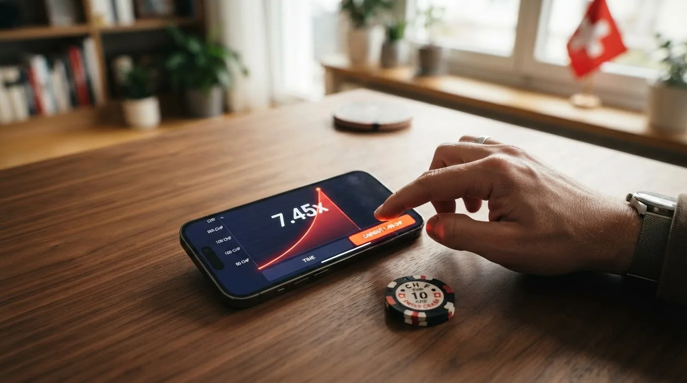 Ein Spieler blickt nachdenklich auf sein Smartphone mit einem Crash-Game, daneben das Schweizer Kreuz als Symbol für den rechtlichen Rahmen