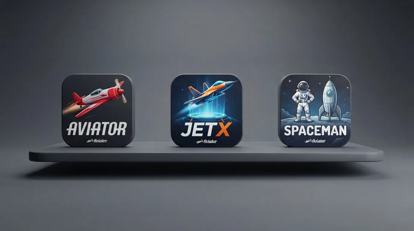 Drei Spielkacheln der Crash-Titel Aviator, JetX und Spaceman nebeneinander auf einem Bildschirm