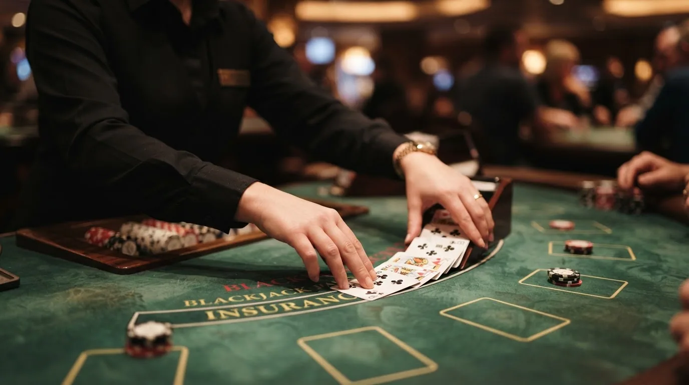 Nahaufnahme eines Live-Dealers, der Blackjack-Karten aus einem Kartenschlitten auf den Filztisch austeilt