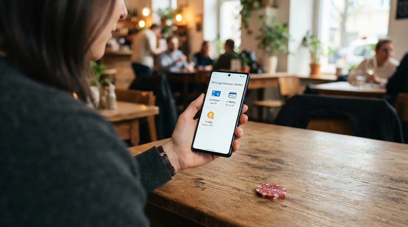 Eine visuelle Übersicht der Zahlungsmittel: Paysafecard-Karte, Skrill- und Neteller-Logos, daneben durchgestrichene Schweizer Logos (TWINT, PostFinance)